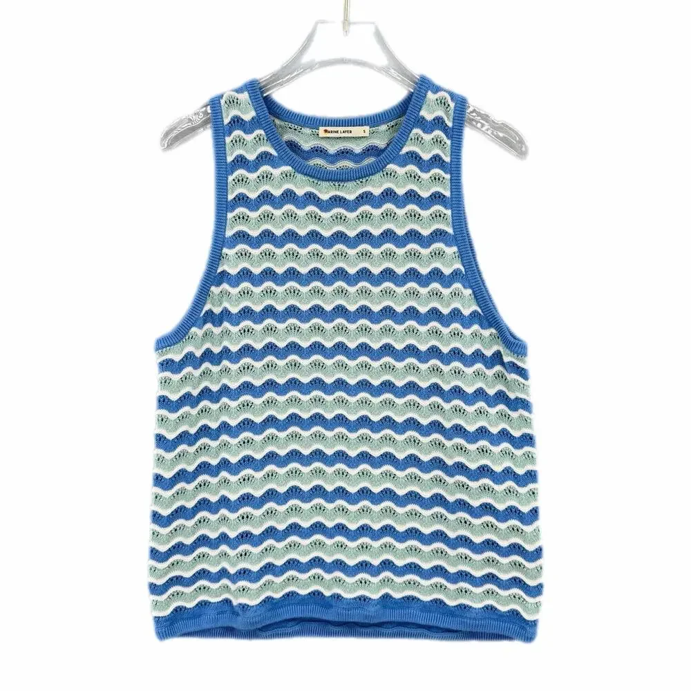 Marine Layer Blue White 100% Cotton Scalloped Wavy Knit Sleeveless Sweater Tank